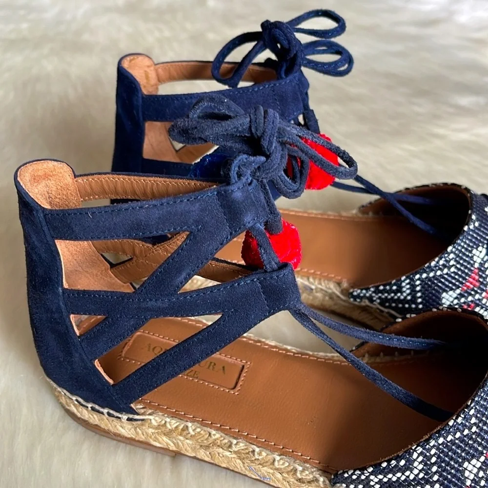 Aquazzura Firenze Belgravia Blue Suede Multicolored Textile Pom-Pom Espadrilles